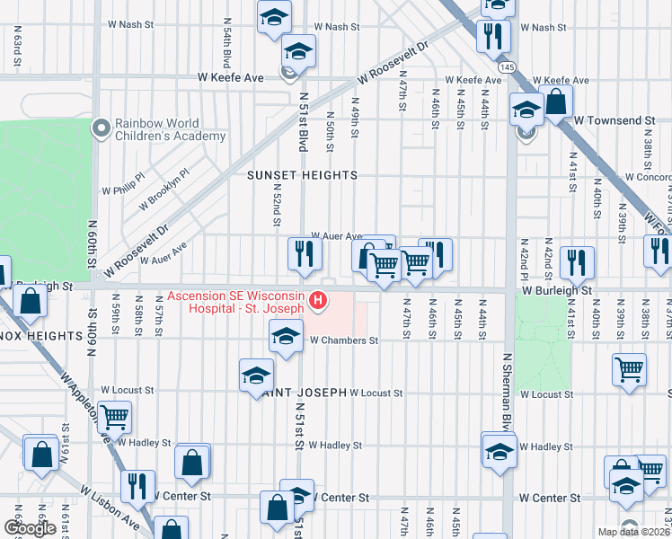 map of restaurants, bars, coffee shops, grocery stores, and more near 4900 West Burleigh Street in Milwaukee
