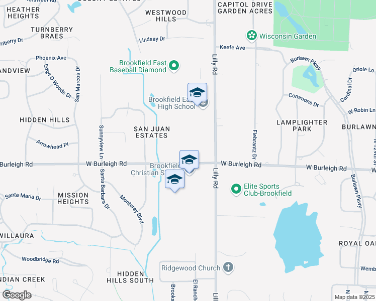 map of restaurants, bars, coffee shops, grocery stores, and more near 14304 West Burleigh Road in Brookfield