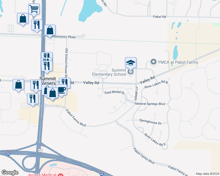 map of restaurants, bars, coffee shops, grocery stores, and more near 1609 Gold Medal Drive in Oconomowoc