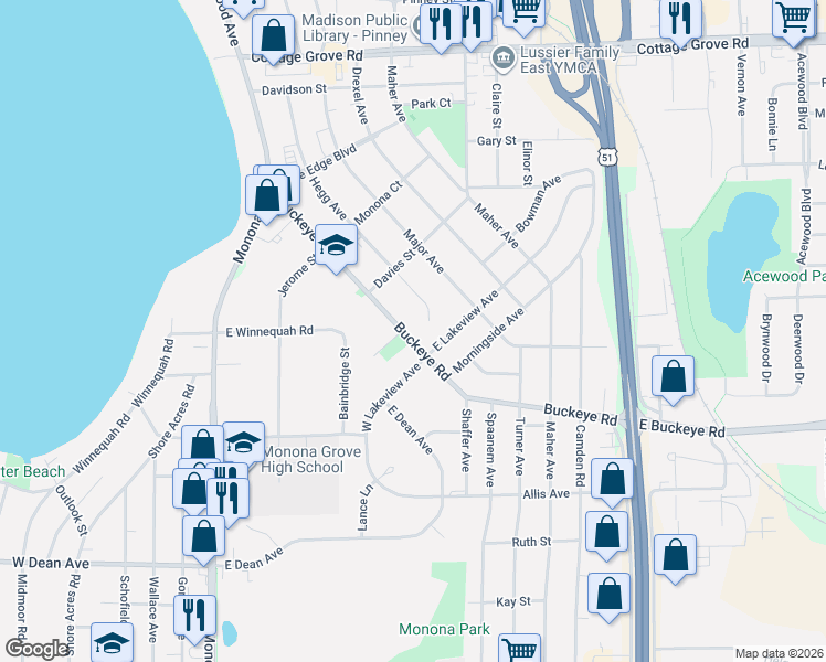 map of restaurants, bars, coffee shops, grocery stores, and more near 4321 Buckeye Road in Madison