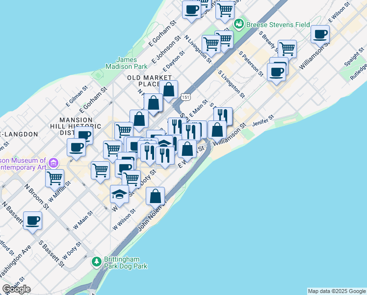 map of restaurants, bars, coffee shops, grocery stores, and more near 406 East Wilson Street in Madison