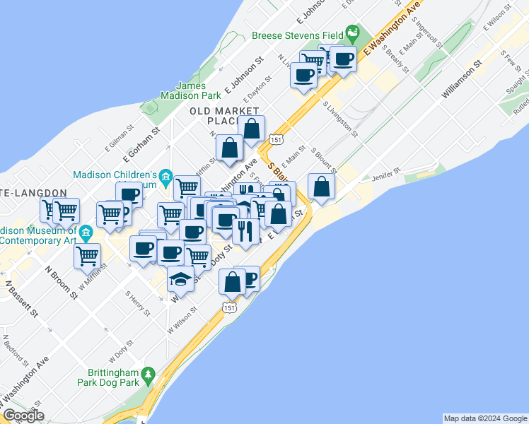 map of restaurants, bars, coffee shops, grocery stores, and more near 127 South Butler Street in Madison
