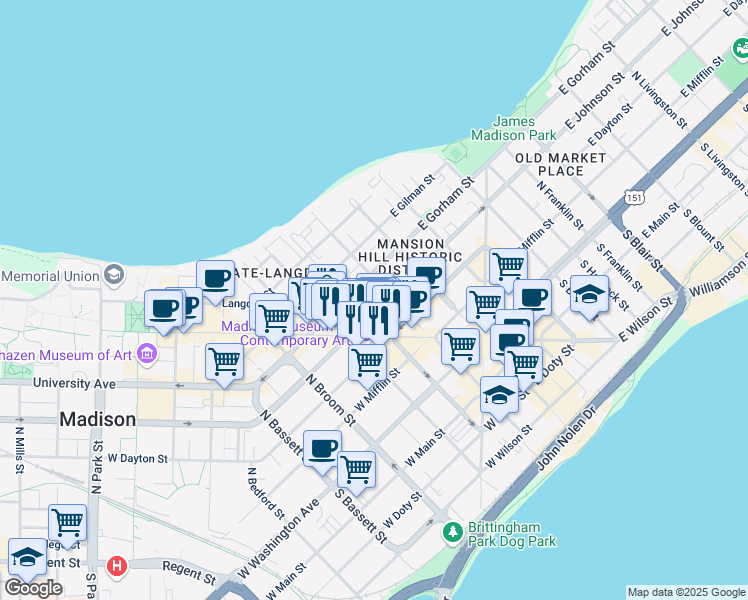 map of restaurants, bars, coffee shops, grocery stores, and more near 124 West Johnson Street in Madison