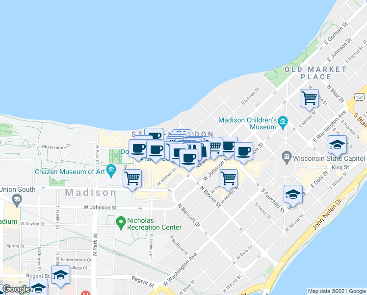 map of restaurants, bars, coffee shops, grocery stores, and more near 229 West Gilman Street in Madison
