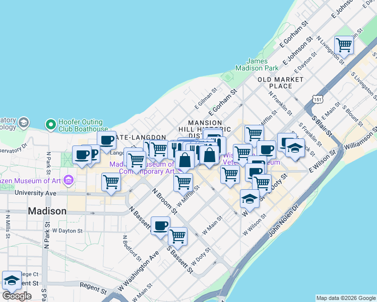 map of restaurants, bars, coffee shops, grocery stores, and more near 110 West Johnson Street in Madison