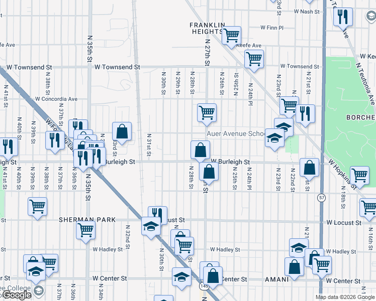 map of restaurants, bars, coffee shops, grocery stores, and more near 3106 North 29th Street in Milwaukee
