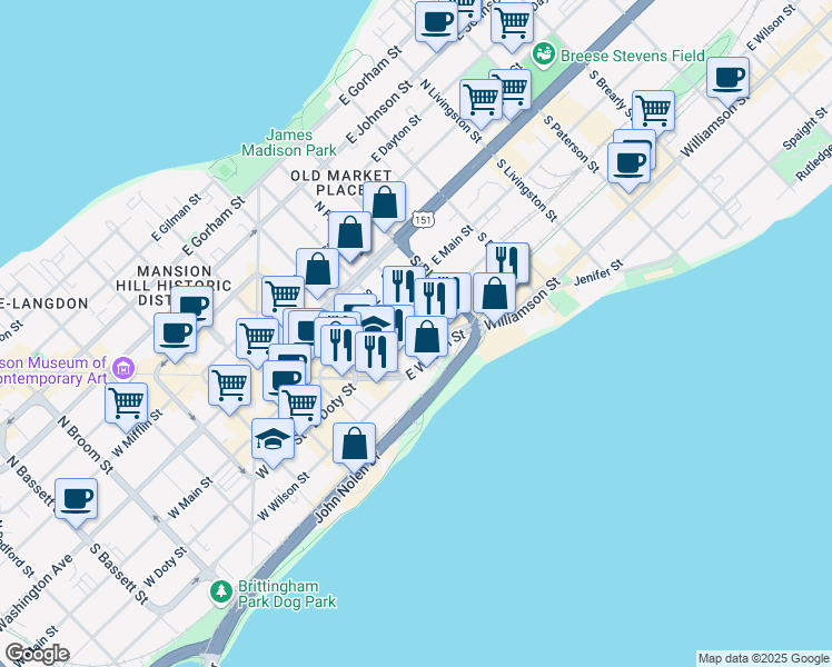 map of restaurants, bars, coffee shops, grocery stores, and more near 135 South Hancock Street in Madison