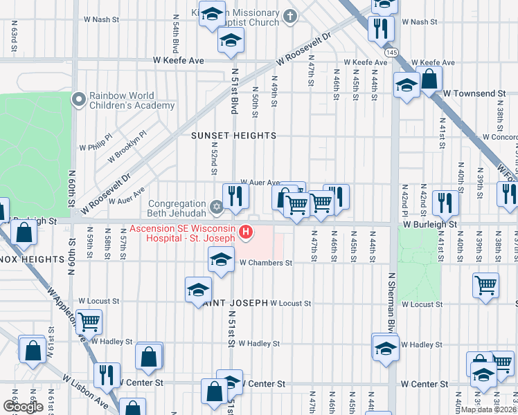 map of restaurants, bars, coffee shops, grocery stores, and more near 4900 West Burleigh Street in Milwaukee