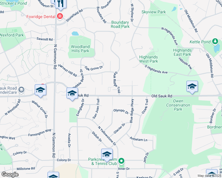 map of restaurants, bars, coffee shops, grocery stores, and more near 722 Sauk Ridge Trail in Madison