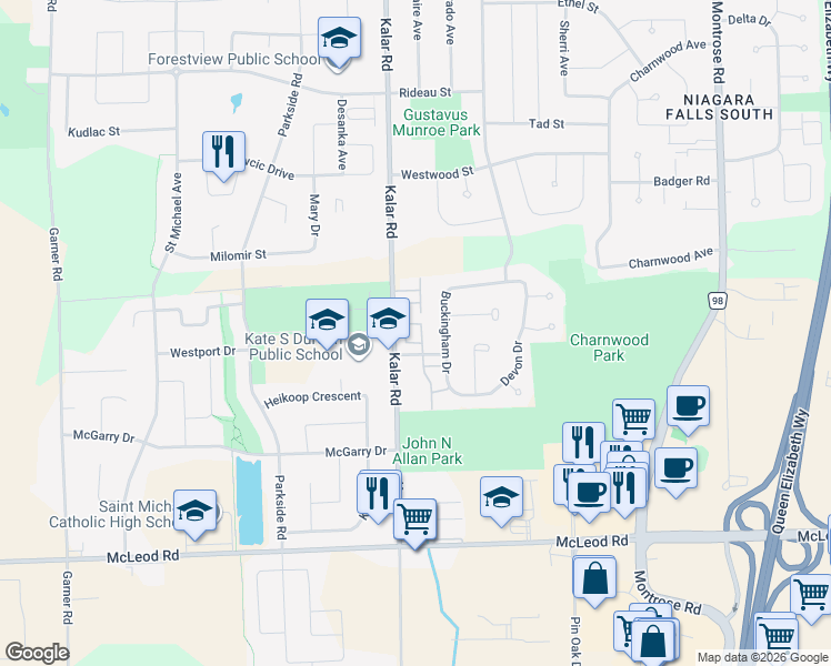 map of restaurants, bars, coffee shops, grocery stores, and more near 8136 Coventry Road in Niagara Falls