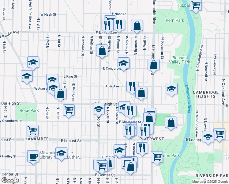 map of restaurants, bars, coffee shops, grocery stores, and more near 3131 North Pierce Street in Milwaukee