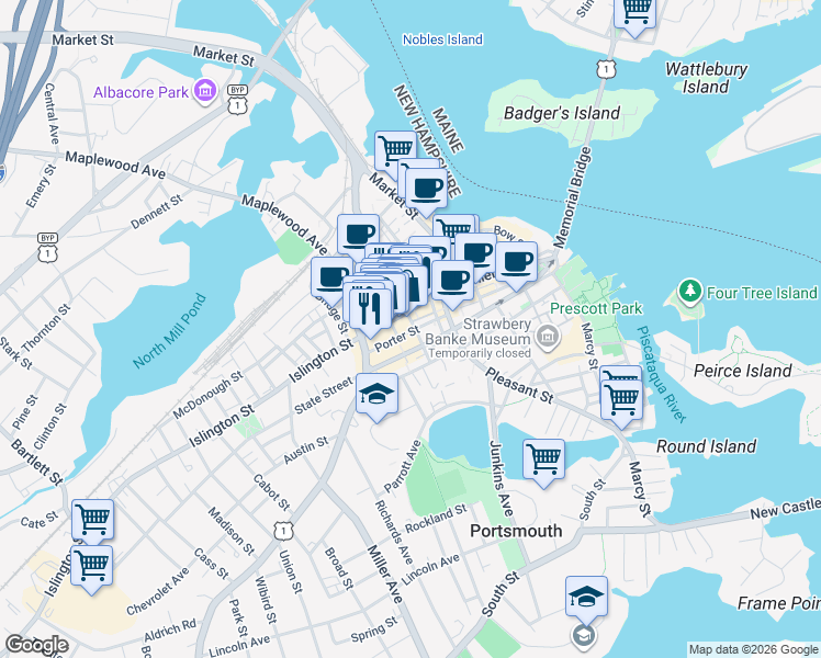 map of restaurants, bars, coffee shops, grocery stores, and more near 80 Fleet Street in Portsmouth