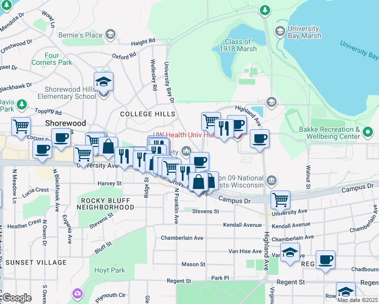 map of restaurants, bars, coffee shops, grocery stores, and more near 900 University Bay Drive in Madison
