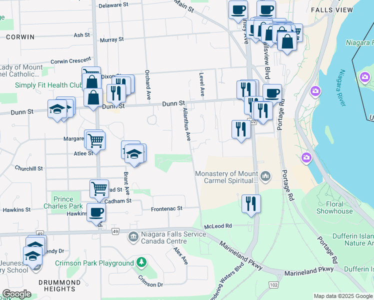 map of restaurants, bars, coffee shops, grocery stores, and more near 6857 Ailanthus Avenue in Niagara Falls