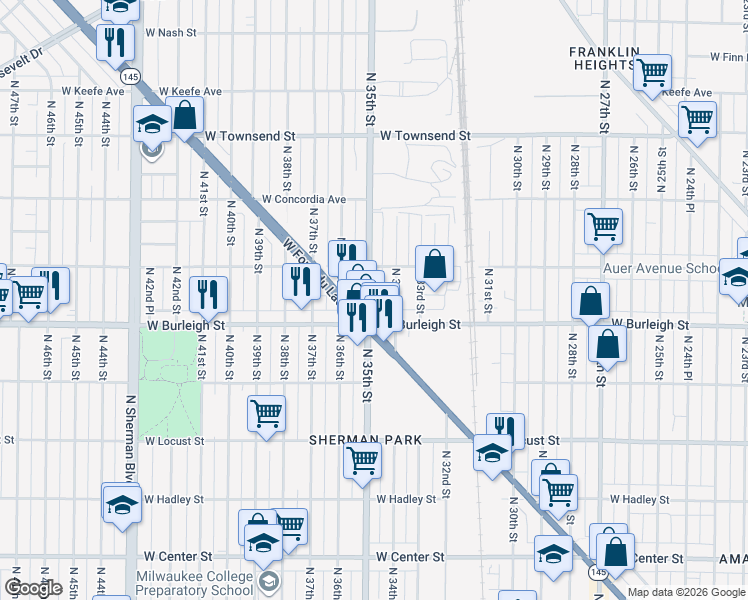 map of restaurants, bars, coffee shops, grocery stores, and more near in Milwaukee