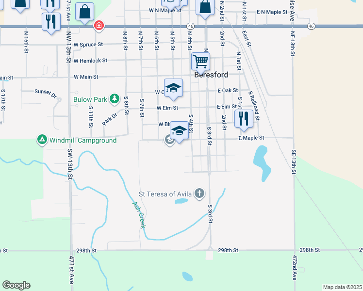 map of restaurants, bars, coffee shops, grocery stores, and more near 205 West Maple Street in Beresford