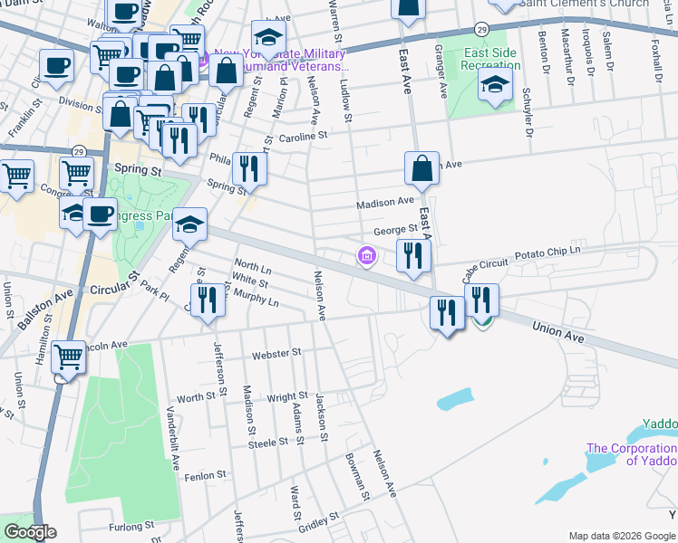 map of restaurants, bars, coffee shops, grocery stores, and more near 148 Union Avenue in Saratoga Springs