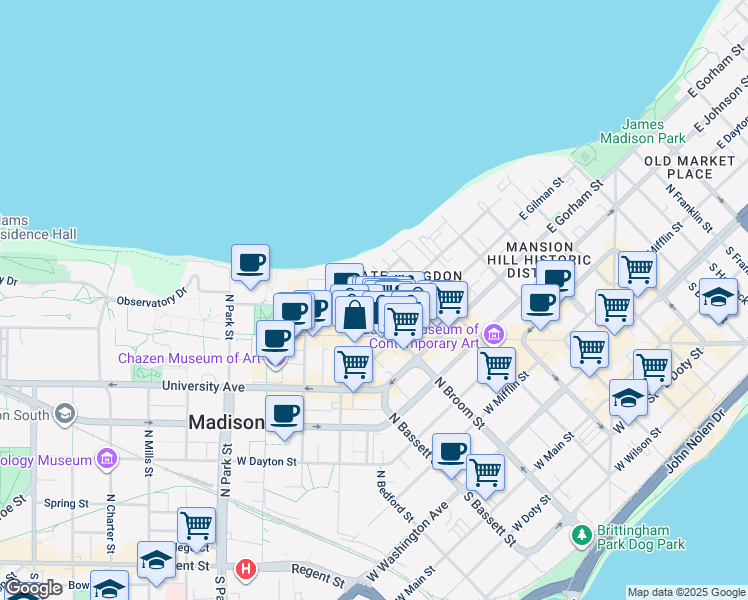 map of restaurants, bars, coffee shops, grocery stores, and more near 250 Langdon Street in Madison
