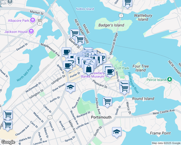 map of restaurants, bars, coffee shops, grocery stores, and more near 93 Pleasant Street in Portsmouth
