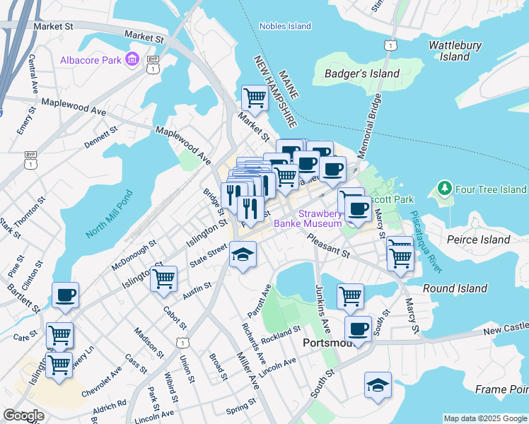 map of restaurants, bars, coffee shops, grocery stores, and more near 401 State Street in Portsmouth