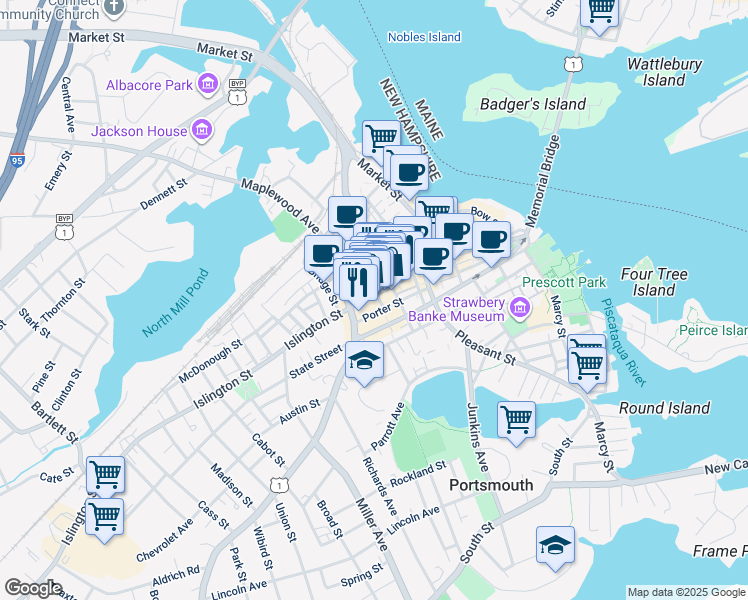 map of restaurants, bars, coffee shops, grocery stores, and more near 401 State Street in Portsmouth