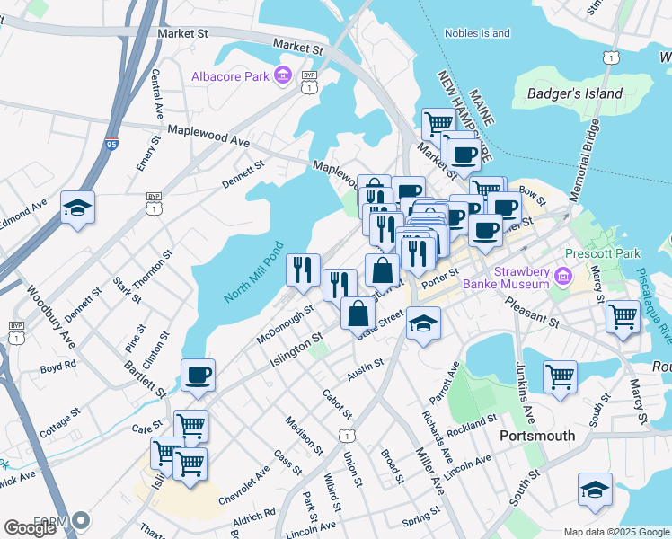 map of restaurants, bars, coffee shops, grocery stores, and more near 55 Rock Street in Portsmouth
