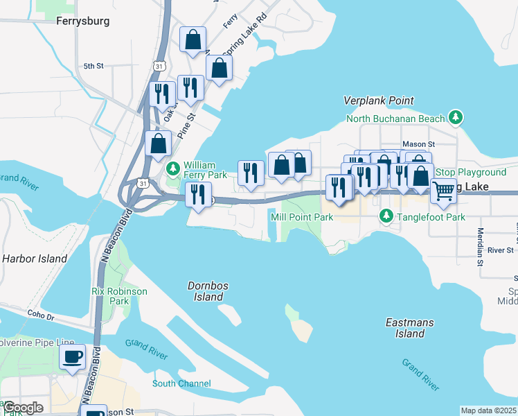 map of restaurants, bars, coffee shops, grocery stores, and more near 930 West Savidge Street in Spring Lake
