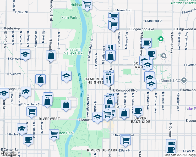 map of restaurants, bars, coffee shops, grocery stores, and more near 3135 North Bartlett Avenue in Milwaukee