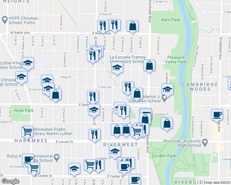 map of restaurants, bars, coffee shops, grocery stores, and more near 3131 North Pierce Street in Milwaukee