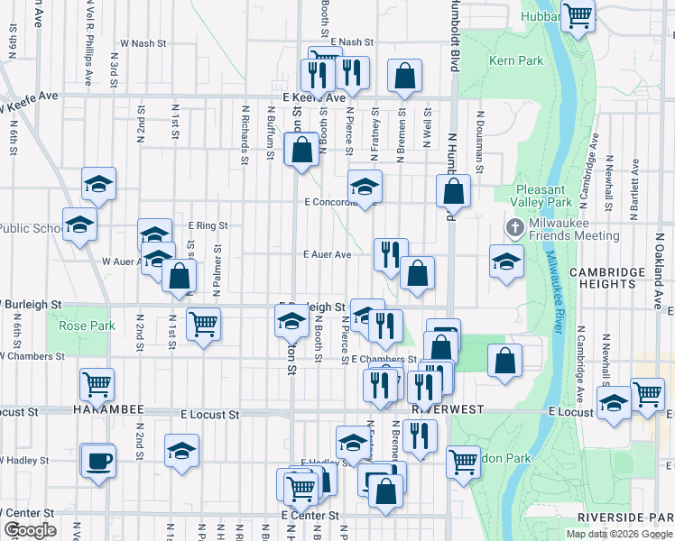 map of restaurants, bars, coffee shops, grocery stores, and more near 3131 North Pierce Street in Milwaukee