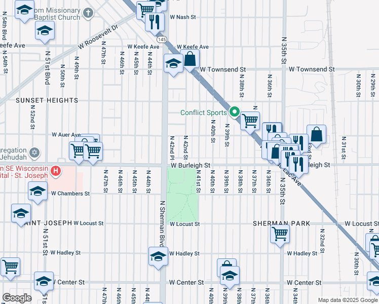 map of restaurants, bars, coffee shops, grocery stores, and more near 3107 North 41st Street in Milwaukee