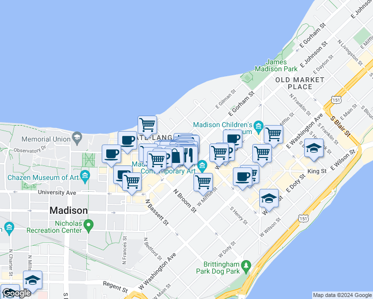 map of restaurants, bars, coffee shops, grocery stores, and more near 30 North Henry Street in Madison