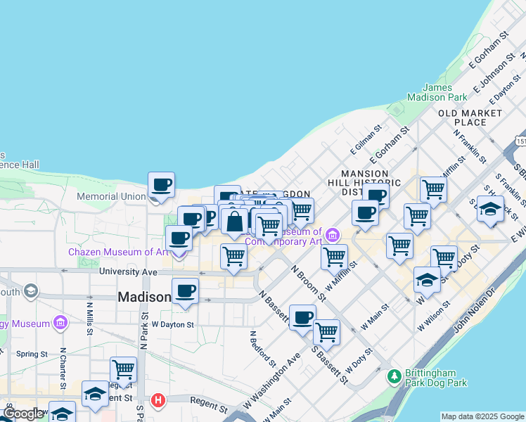 map of restaurants, bars, coffee shops, grocery stores, and more near 247 Langdon Street in Madison