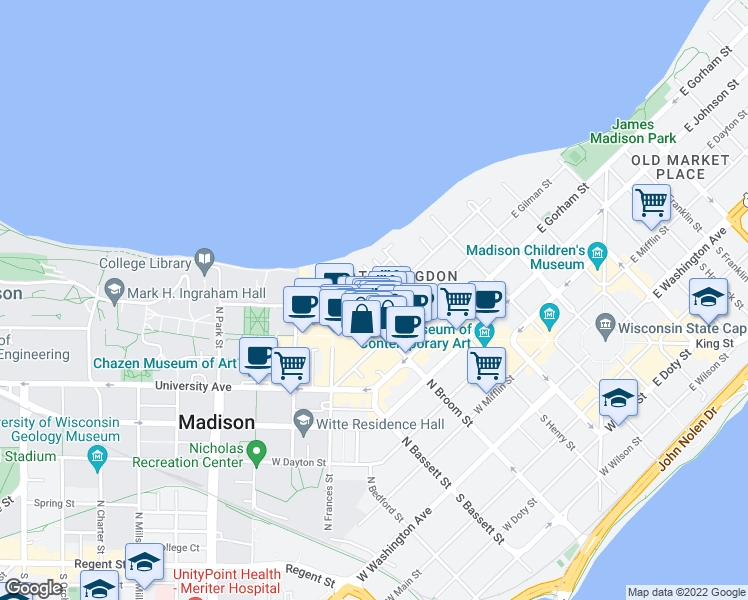 map of restaurants, bars, coffee shops, grocery stores, and more near 247 Langdon Street in Madison