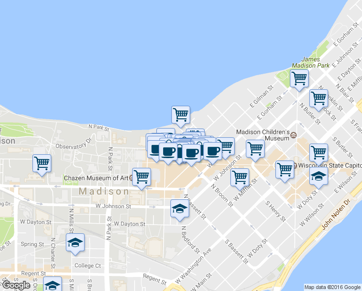 map of restaurants, bars, coffee shops, grocery stores, and more near 247 Langdon Street in Madison