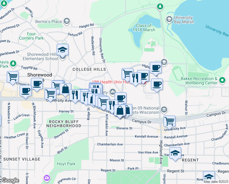 map of restaurants, bars, coffee shops, grocery stores, and more near 810 University Bay Drive in Madison