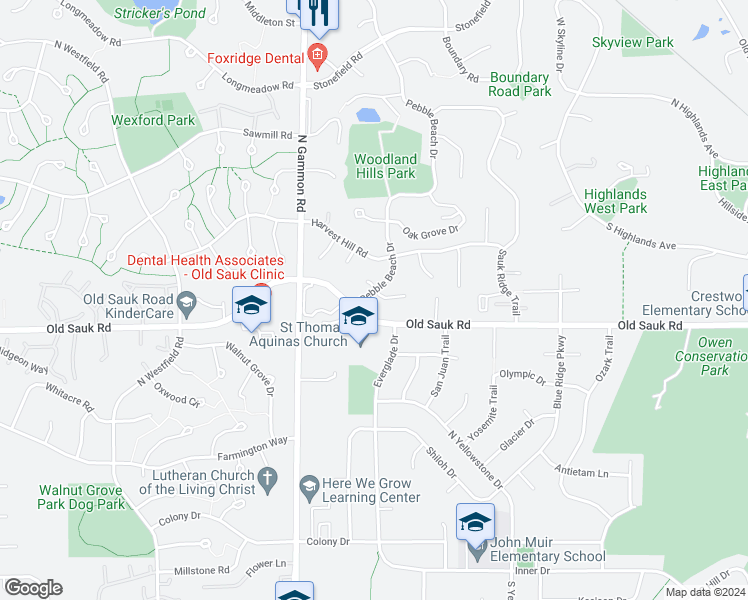 map of restaurants, bars, coffee shops, grocery stores, and more near 6806 Old Sauk Road in Madison