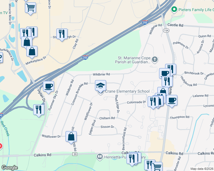 map of restaurants, bars, coffee shops, grocery stores, and more near 85 Shell Edge Drive in Rochester