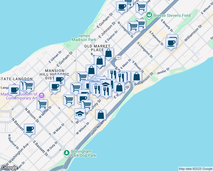 map of restaurants, bars, coffee shops, grocery stores, and more near 127 South Butler Street in Madison