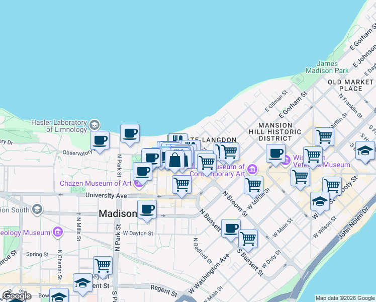 map of restaurants, bars, coffee shops, grocery stores, and more near 260 Langdon Street in Madison