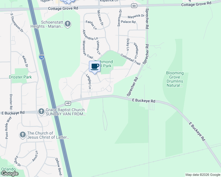 map of restaurants, bars, coffee shops, grocery stores, and more near 6145 Dell Drive in Madison