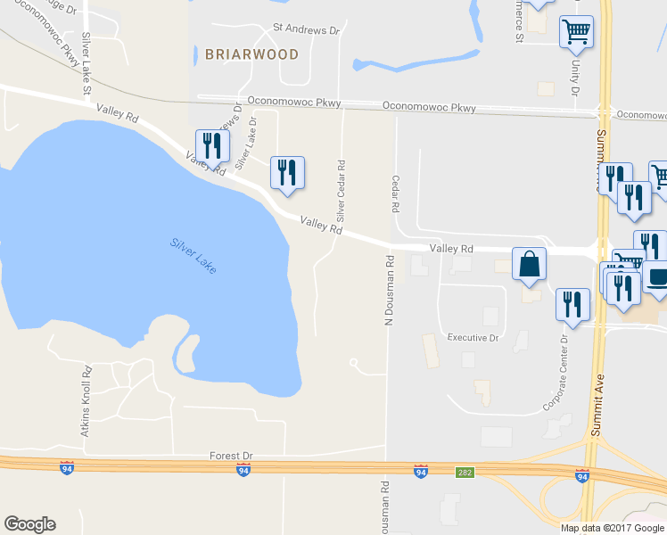 map of restaurants, bars, coffee shops, grocery stores, and more near 37103 Valley Road in Oconomowoc