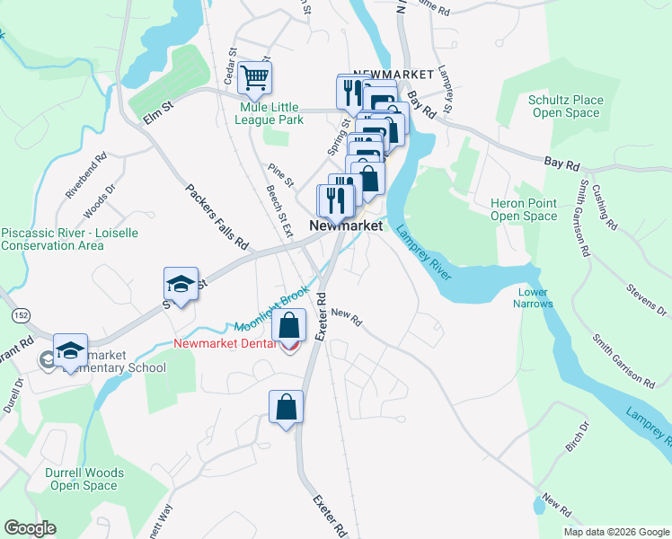 map of restaurants, bars, coffee shops, grocery stores, and more near 27 Exeter Road in Newmarket