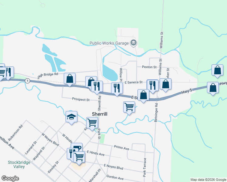 map of restaurants, bars, coffee shops, grocery stores, and more near 1-23 East State Street in Sherrill