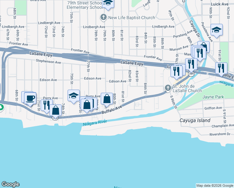 map of restaurants, bars, coffee shops, grocery stores, and more near 133 80th Street in Niagara Falls