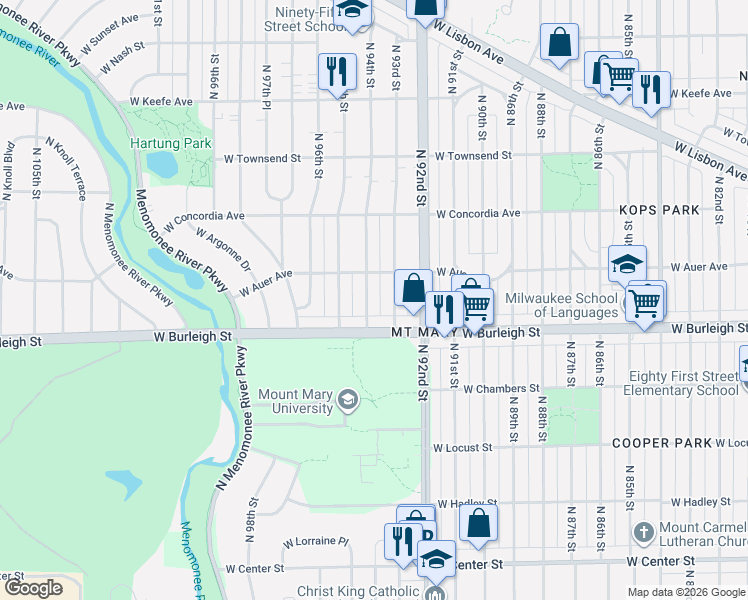 map of restaurants, bars, coffee shops, grocery stores, and more near 3123 North 94th Street in Milwaukee