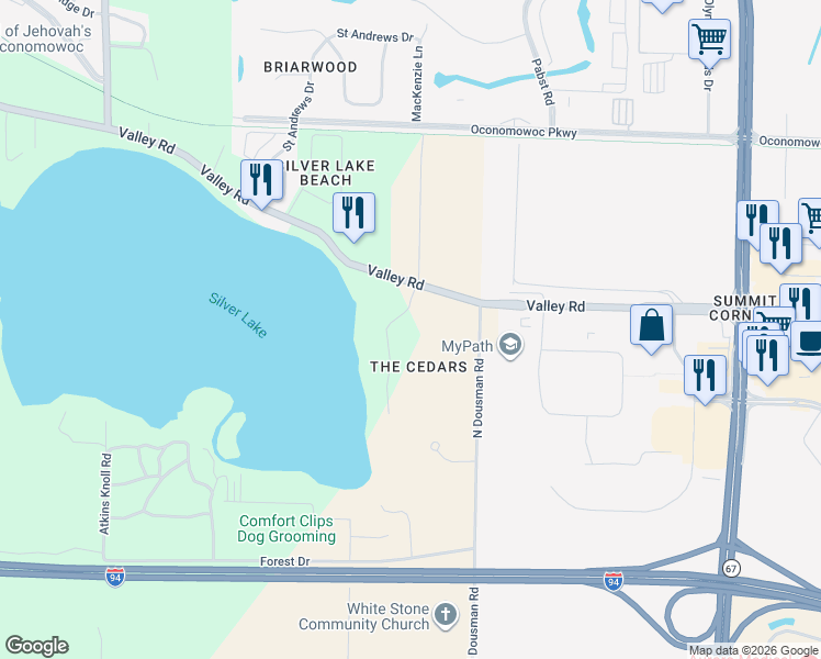 map of restaurants, bars, coffee shops, grocery stores, and more near 37103 Valley Road in Oconomowoc