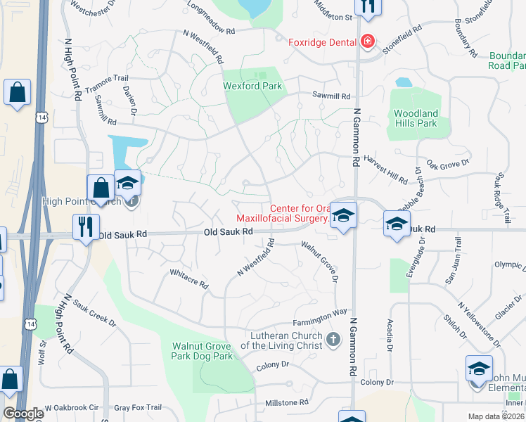 map of restaurants, bars, coffee shops, grocery stores, and more near 15 Saukdale Trail in Madison