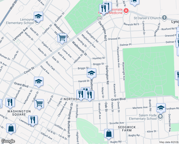 map of restaurants, bars, coffee shops, grocery stores, and more near 166 Berkshire Avenue in Syracuse