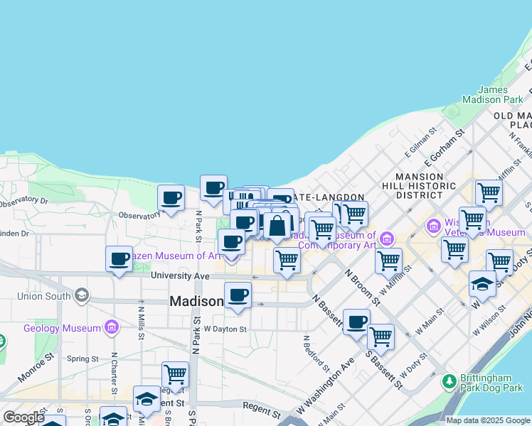 map of restaurants, bars, coffee shops, grocery stores, and more near 626 Langdon Street in Madison